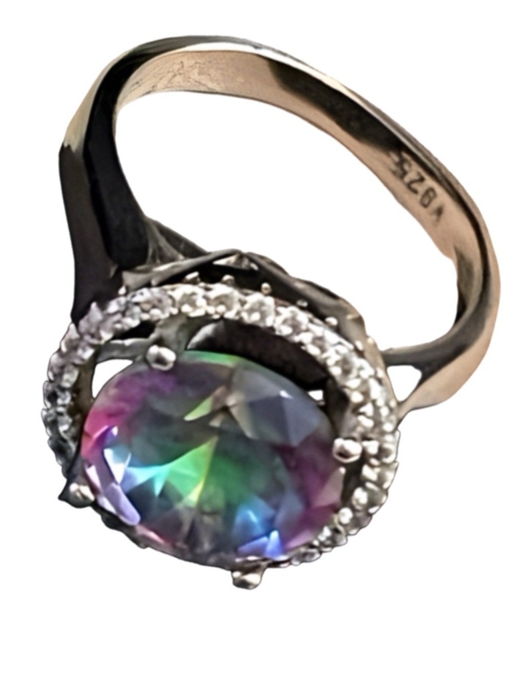 Mystic Topaz Ctr, White Sapphires & Diamond White Gold over Sterling Silver NIB - Picture 6 of 17